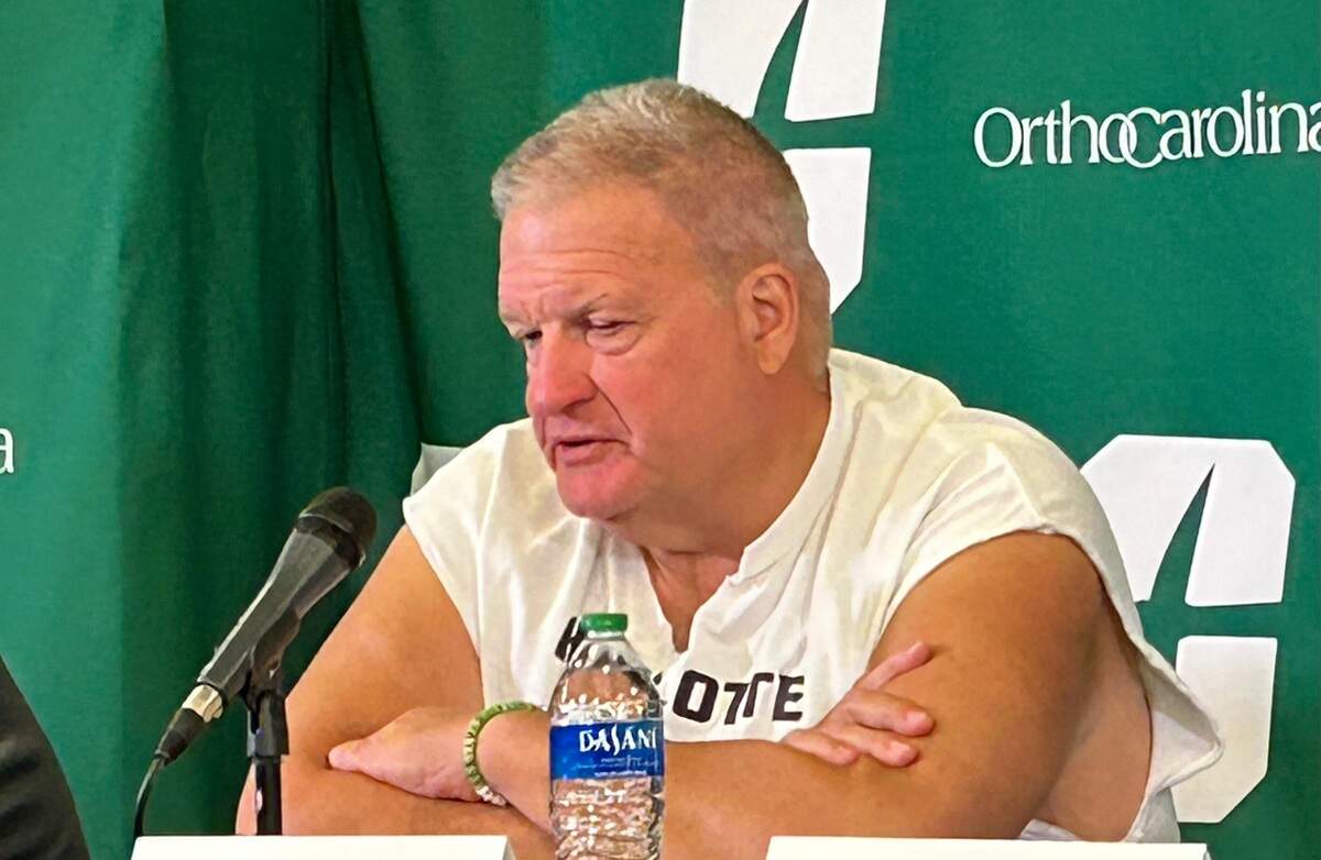 Charlotte head football coach Biff Poggi speaks at the postgame press conference on Nov. 18, 2023, after his team lost 28-7 to Rice in the final home game of the season. The loss dropped the 49ers to 3-8 in Poggi’s first season.