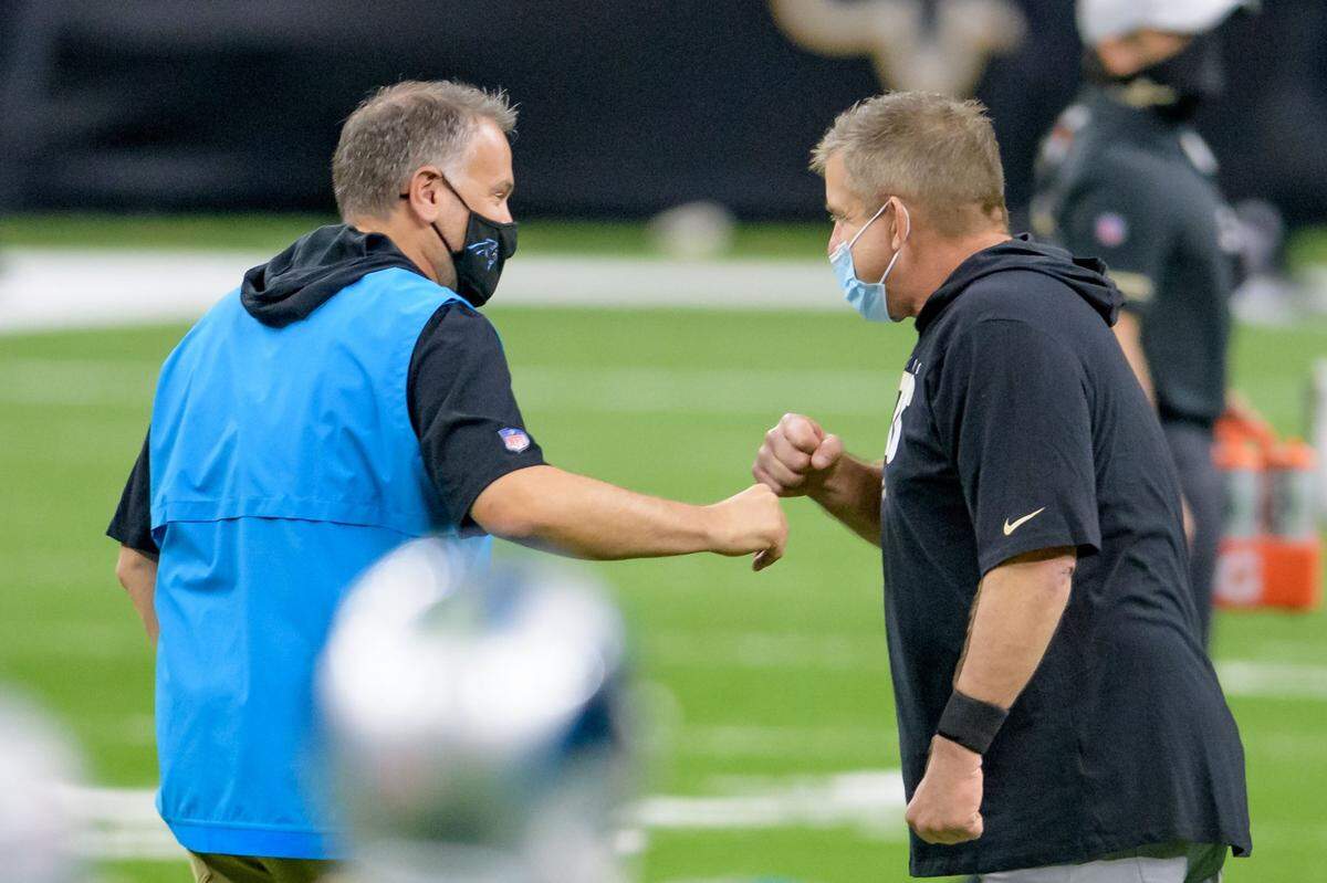 Carolina Panthers head coach Matt Rhule greets New Orleans Saints head coach Sean Payton at the Mercedes-Benz Superdome on Sunday, October 25, 2020, in New Orleans.