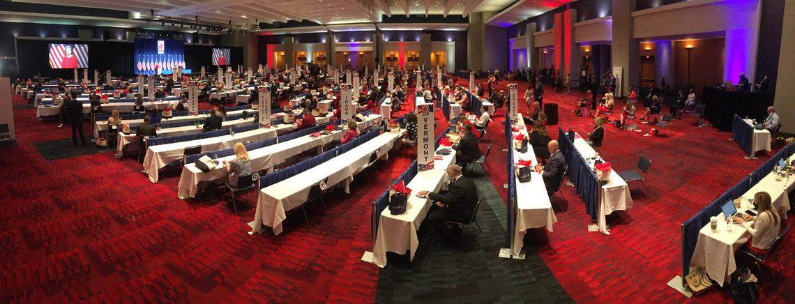 The Republican National Convention conducts its business in the Richardson Ballroom at the Charlotte Convention Center in Charlotte, N.C., Monday August, 24, 2020 before the arrival of President Trump. The GOP convention was scaled back this year because of the coronavirus pandemic.