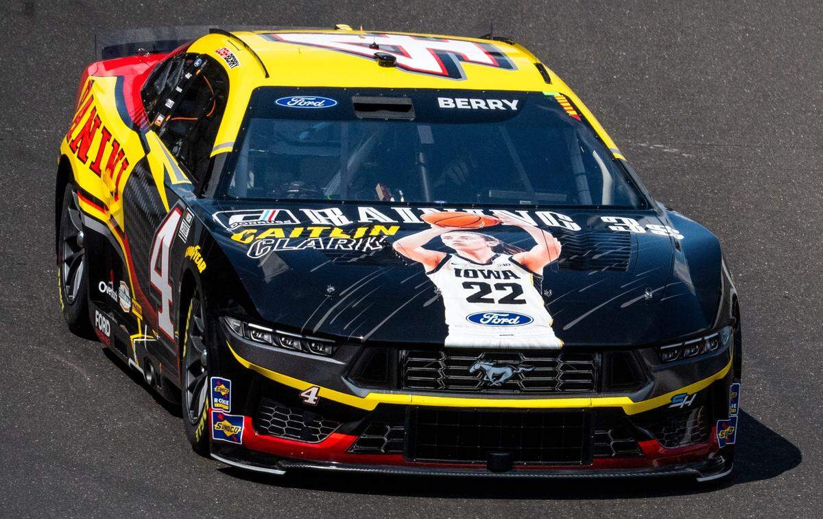 Caitlin Clark is shown on the front of the car of NASCAR Cup Series driver Josh Berry (4) on Friday, July 19, 2024, during practice at Indianapolis Motor Speedway in preparation for the Brickyard 400.