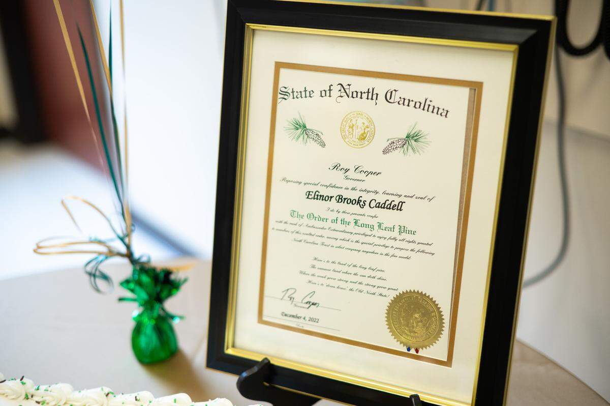Elinor Caddell, UNC Charlotte professor emerita of nursing, was presented with the Order of the Long Leaf Pine, one of North Carolina’s highest honors, at her birthday celebration this week on campus. Caddell turned 100 years old Monday.