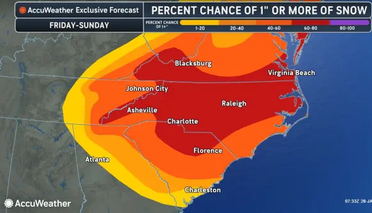 Forecasters say the amount of snow seen in the Carolinas will depend on the track of the storm as it moves north.