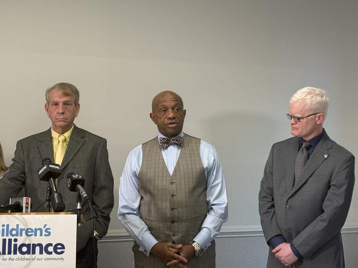 Mecklenburg County Sheriff Garry McFadden talks about reopening Jail North as Children’s Alliance Advocacy Director Frank Crawford, to the left, and state DPS Deputy Secretary William Lassiter listen.