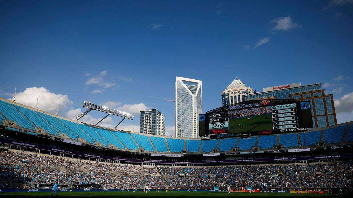 Charlotte FC and Vancouver Whitecaps FC on the pitch and during a game at Bank of America Stadium in Charlotte on May 22. Charlotte FC will be down 10 players for its road match at CF Montreal on Saturday.