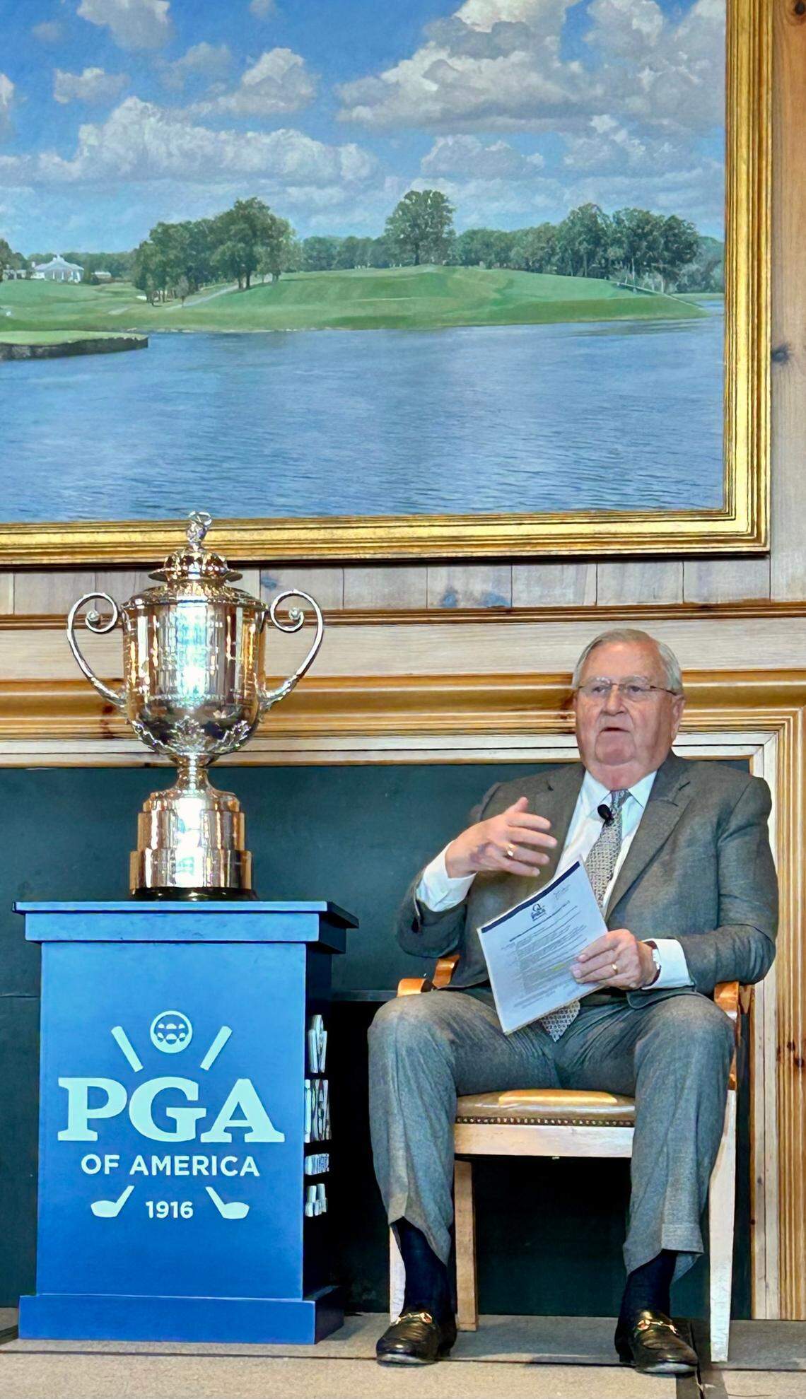 Quail Hollow Club president Johnny Harris discusses what fans and golfers can expect for the 2025 PGA Championship in Charlotte. Harris spoke inside Quail Hollow Club beside the Wanamaker Trophy, which goes to the winner of the championship.