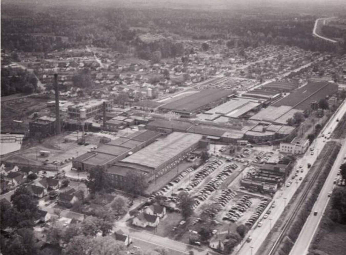 An aerial image of the Mooresville Cotton Mills Plant shows many of the buildings in the 1950s.