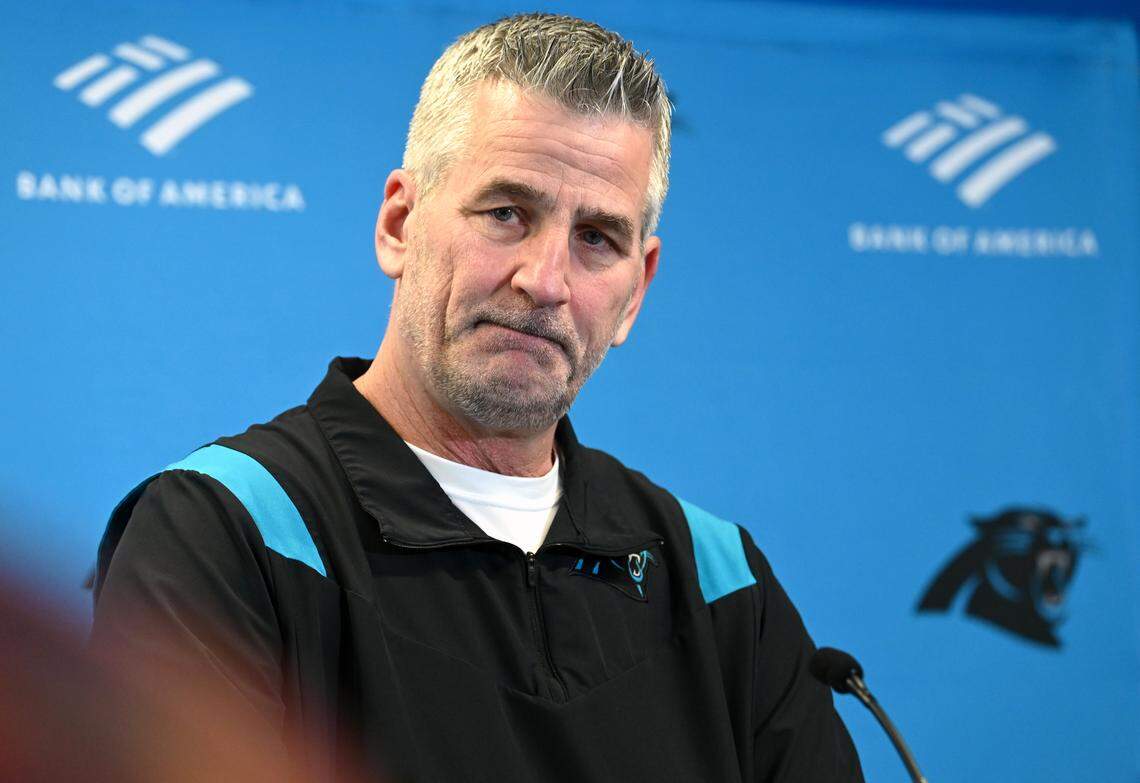 Carolina Panthers head coach Frank Reich listens to a reporter’s question during a press conference at Bank of America Stadium in Charlotte, NC on Monday, March 20, 2023.
