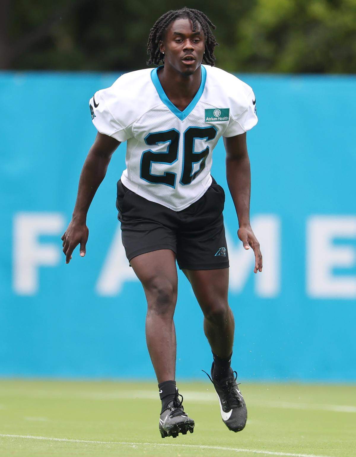 Carolina Panthers cornerback Chau Smith-Wade works on his foot work prior to training camp practice on Thursday, July 25, 2024.
