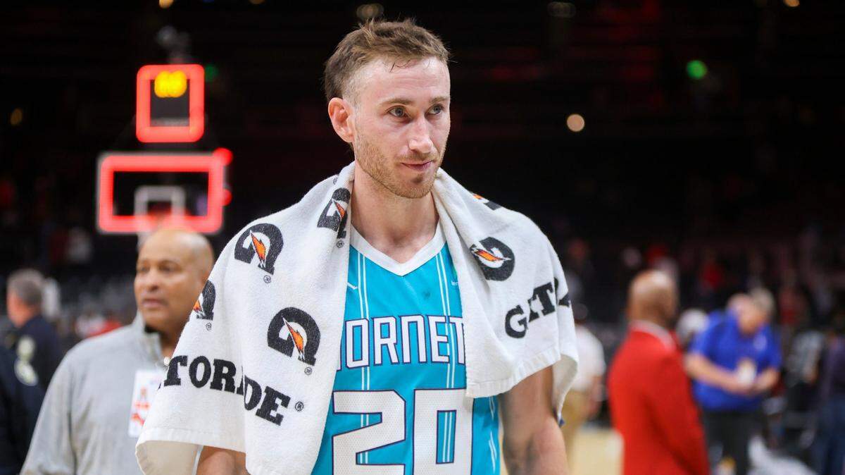 Charlotte Hornets forward Gordon Hayward (20) reacts after a 126-109 victory of a NBA basketball game against the Atlanta Hawks Sunday, Oct. 23, 2022 in Atlanta. (AP Photo/Brett Davis)