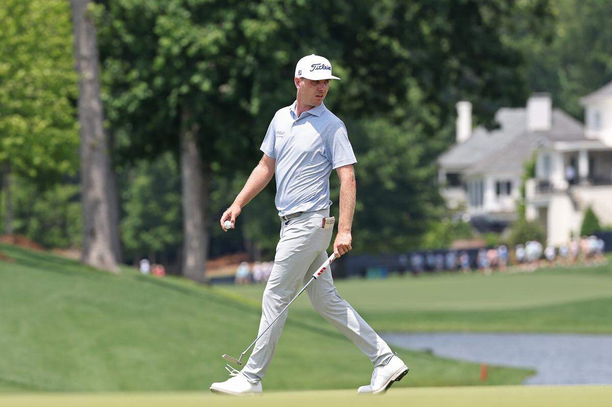 Ryan Gerard glances back at his line on the 16th green during opening round action of the 107th PGA Championship at Quail Hollow Club in Charlotte, NC on Thursday, May 15, 2025.