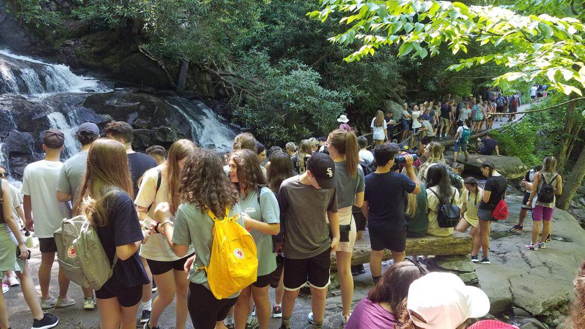 This photo shows how large crowds are getting at the base of Laurel Falls in the Great Smoky Mountains National Park.
