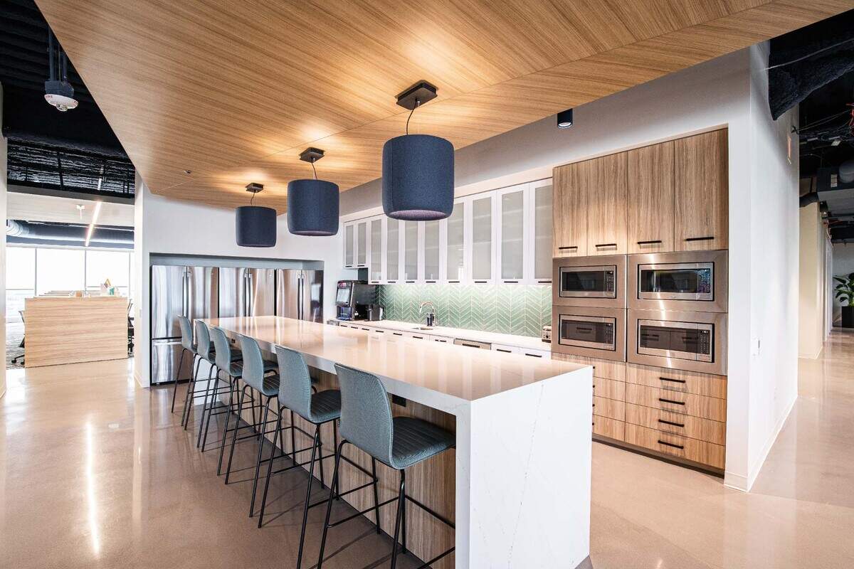 Logistics company Armstrong Transport Group’s new headquarters in South End includes a catering-equipped kitchen.