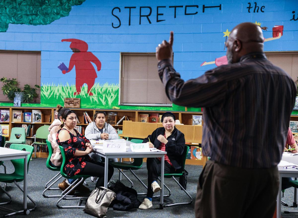 Michael Hayes teaches an English as a second language class at Hidden Valley Elementary in Charlotte, N.C., on Thursday, February 2, 2023.