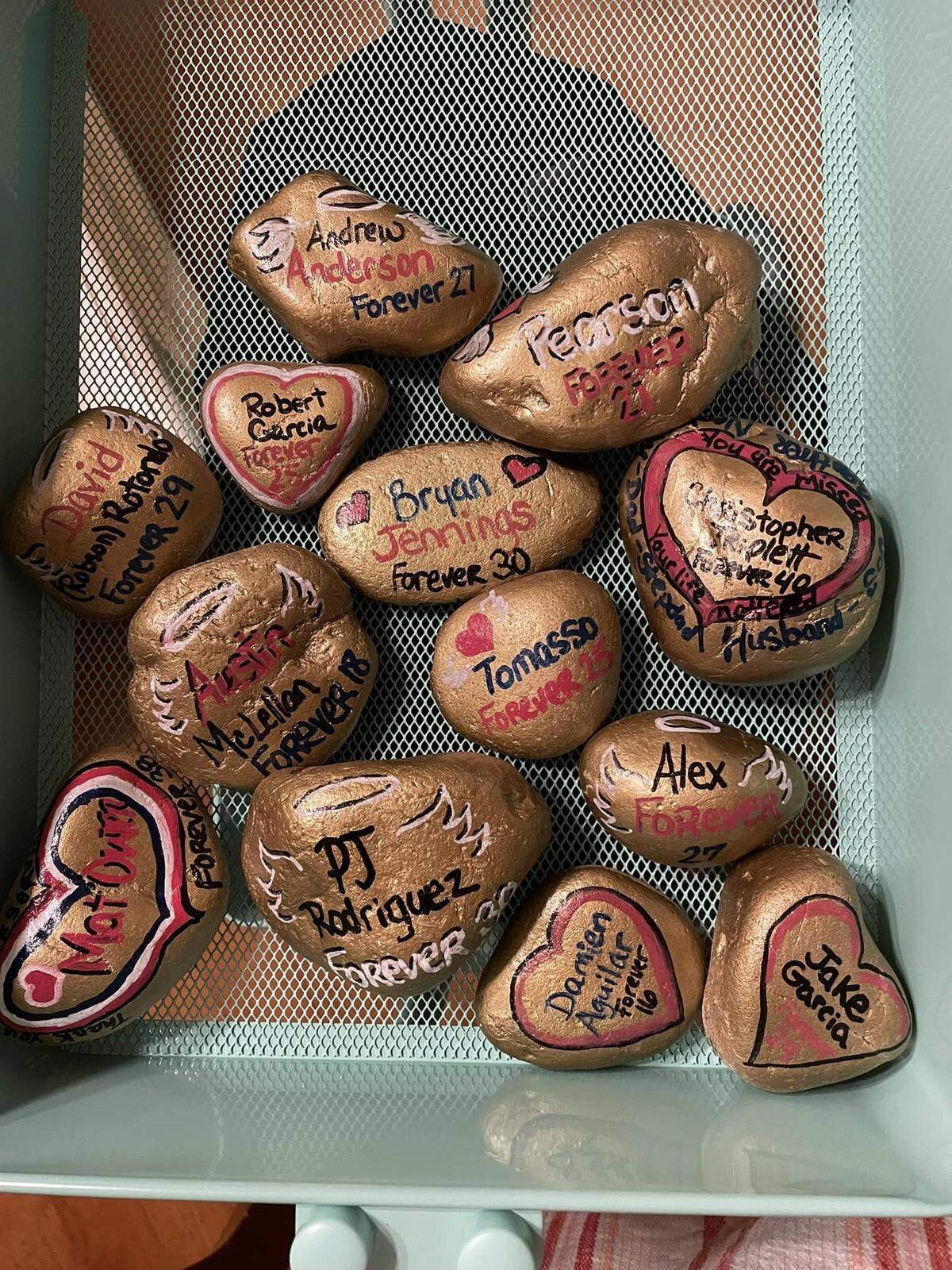 The names of people who died from fentanyl appear on rocks in this photo on the Embers from Ashes Facebook page. Stephanie Triplett started the group after her husband, Christopher, died.