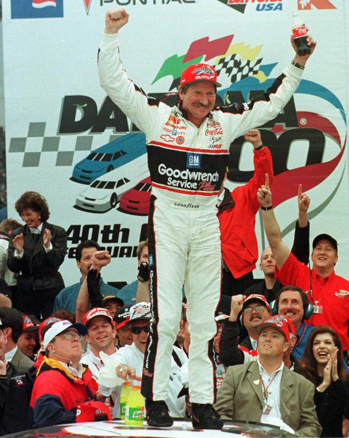 “Yes! Yes! Yes!” In Victory Lane, Dale Earnhardt celebrates the end of two decades of frustration at Daytona. He had gone 59 races, almost two full seasons, without winning anywhere.   