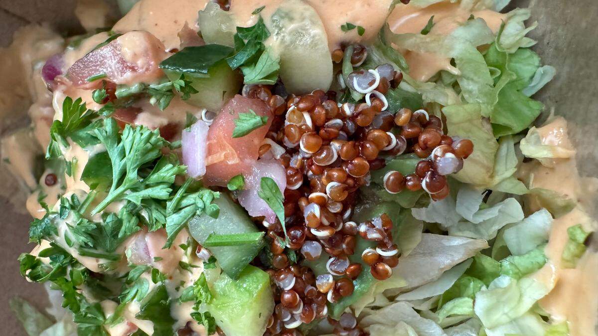 Kid Cashew’s Quinoa Stuffed Avocado includes cucumber salsa and shredded lettuce with chipotle sauce. 