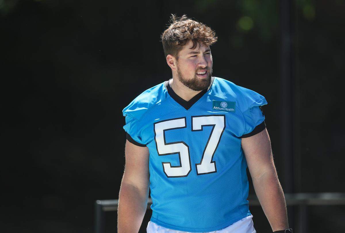 Offensive lineman Monroe Freeling walks from Bank of America Stadium to the Carolina Panthers practice facility for rookie minicamp on Friday, May 8, 2026.