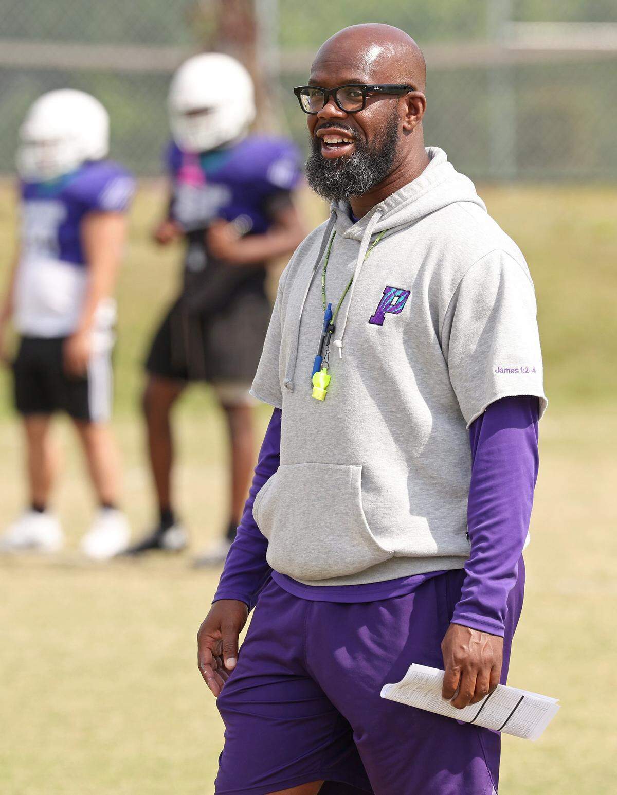 Palisades Pumas head football coach Jonathan Simmons during a spring workout on Thursday, April 30, 2026. Palisades is going for its third straight winning season and wants to jump into the upper echelon of Charlotte teams.