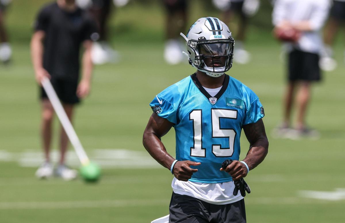 Carolina Panthers Jonathan Mingo practices at the Carolina Panthers rookie minicamp in Charlotte on Saturday.