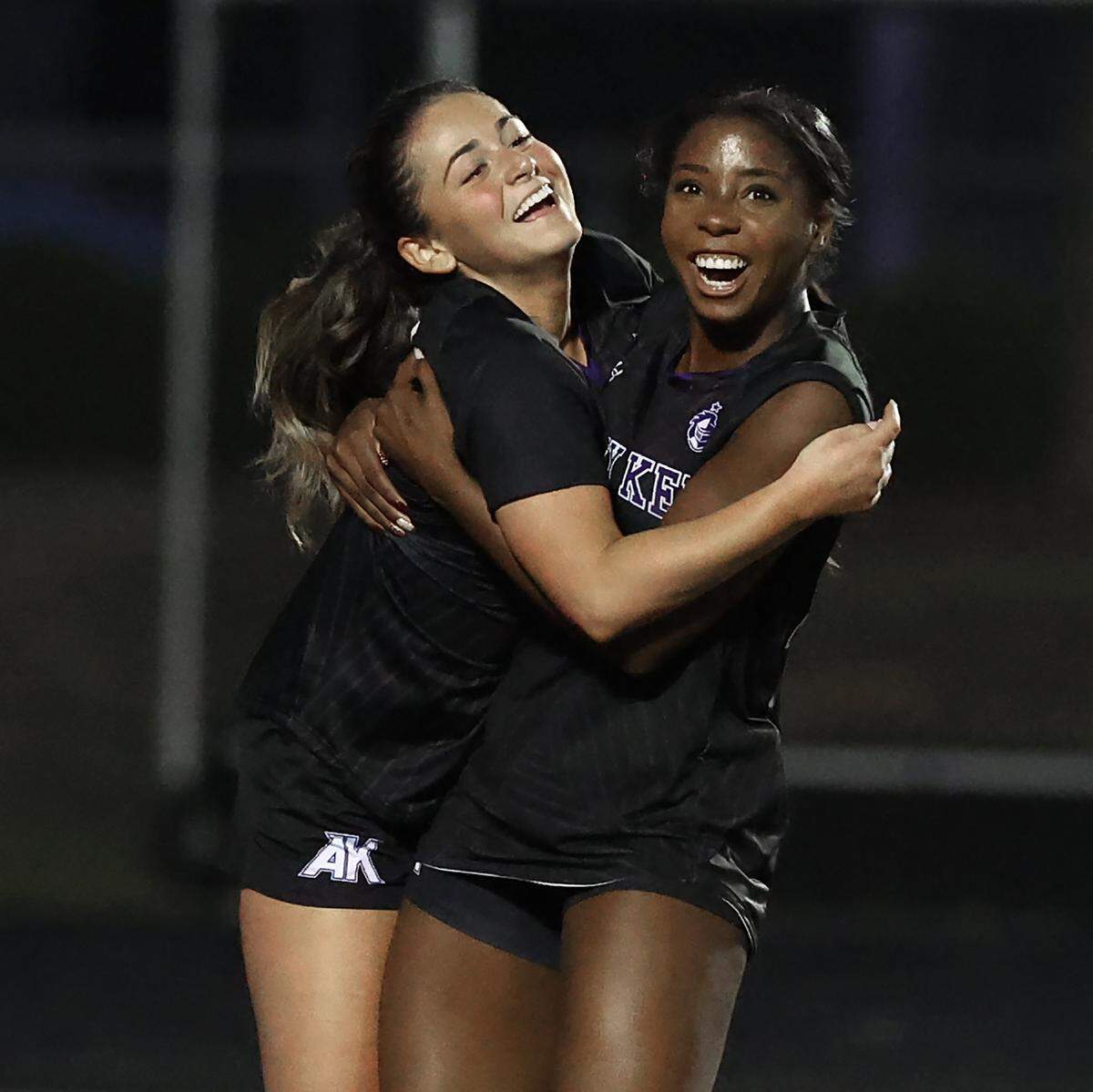 Ardrey Kell’s Mina Agajan, left, is congratulated by teammate Kelley Tarpley following Agajan’s goal against Ballantyne Ridge on Tuesday, April 28, 2026. Ardrey Kell defeated Ballantyne Ridge 1-0.