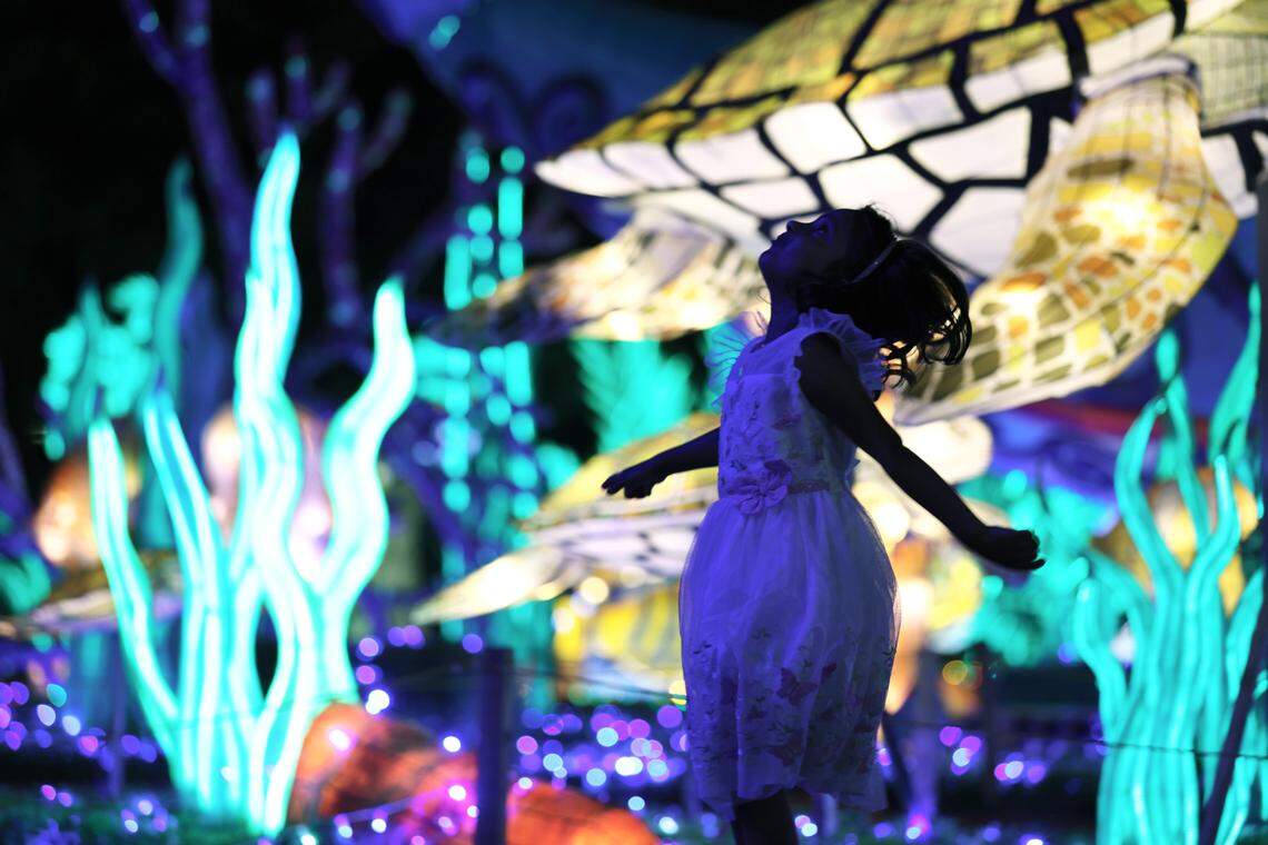 Aadyna, a 5-year-old, dances among playful turtles and colorful fish, in an art installation themed “Ocean World” on Friday, April 25, 2025, at the Tianyu Lights Festival at Concord Mills in Charlotte, N.C.