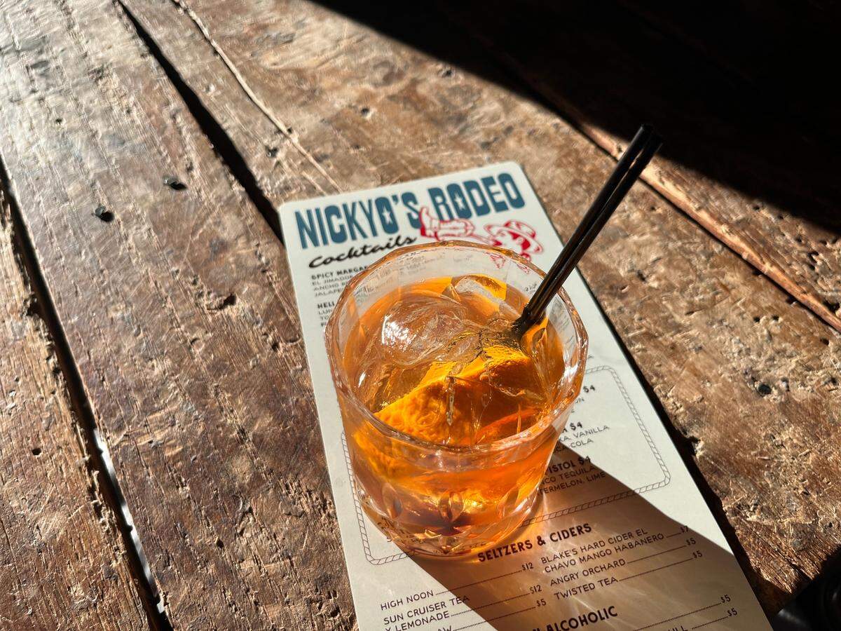 The Call Me Old Fashioned at Nickyo’s Rodeo is made with Bullet bourbon, bitters, orange and cherry.