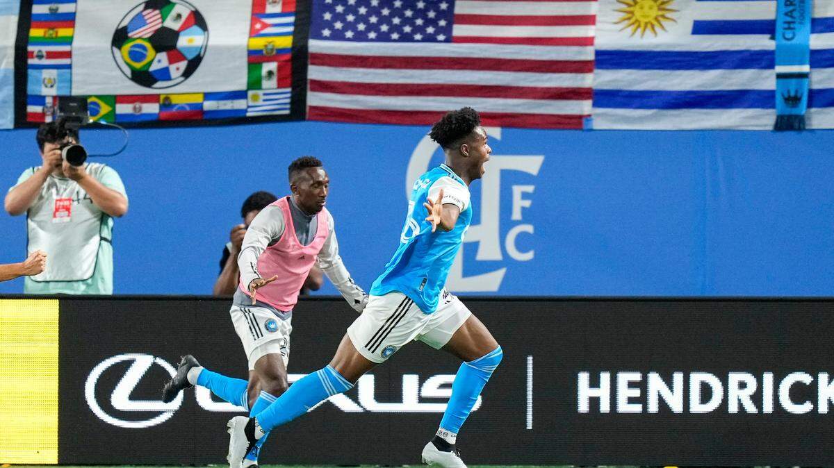 Charlotte FC midfielder Brandon Cambridge (36) reacts to his tying goal against the Chicago Fire during the second half at Bank of America Stadium.