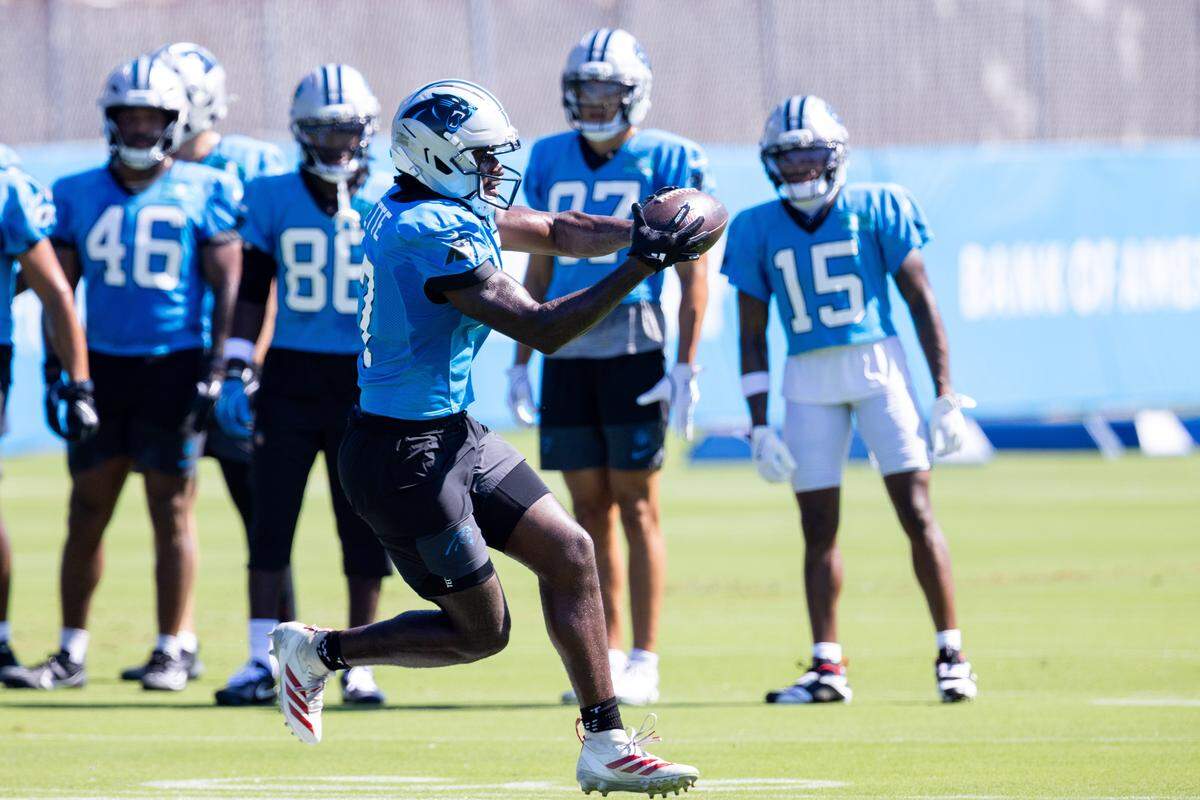 Carolina Panthers wide receiver Xavier Legette (17) makes a catch during training camp on July 26, 2025.