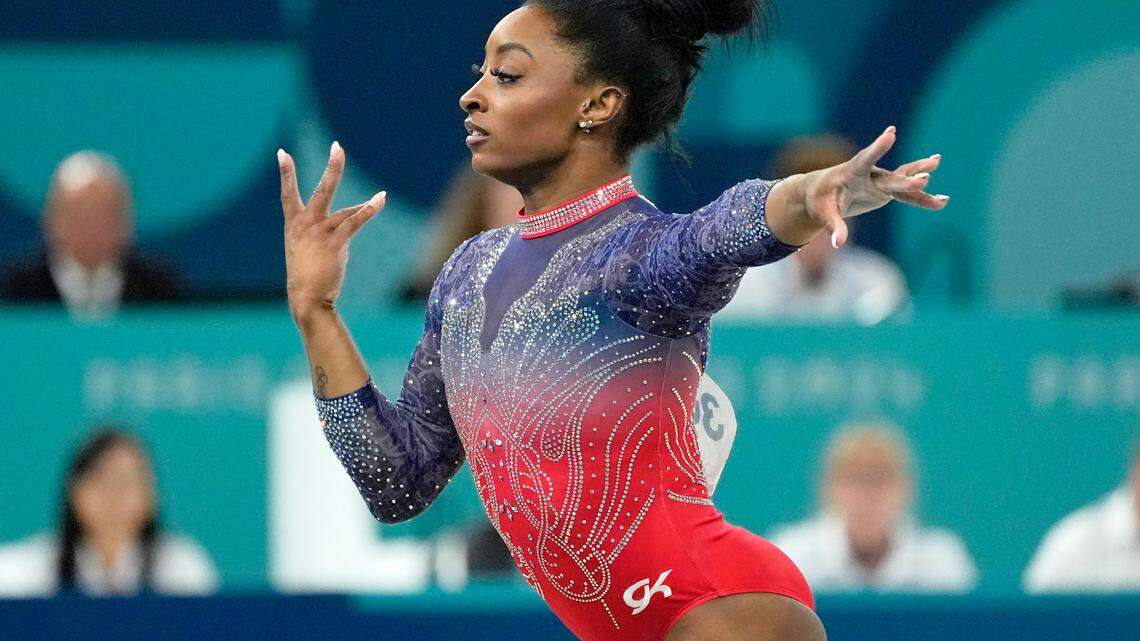 Aug 5, 2024; Paris, France; Simone Biles of the United States competes on the floor exercise on day three of the gymnastics event finals during the Paris 2024 Olympic Summer Games.