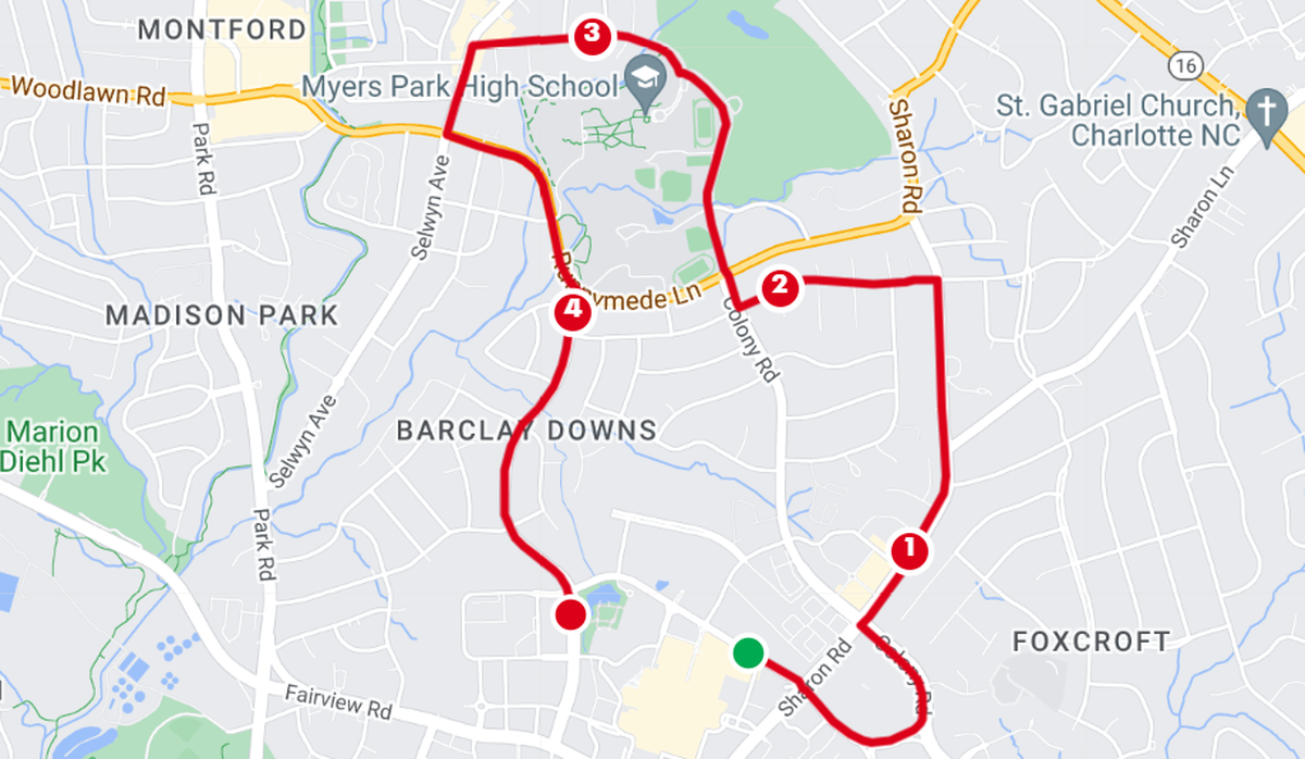 The route for the 2023 Charlotte Turkey Trot 8K race.