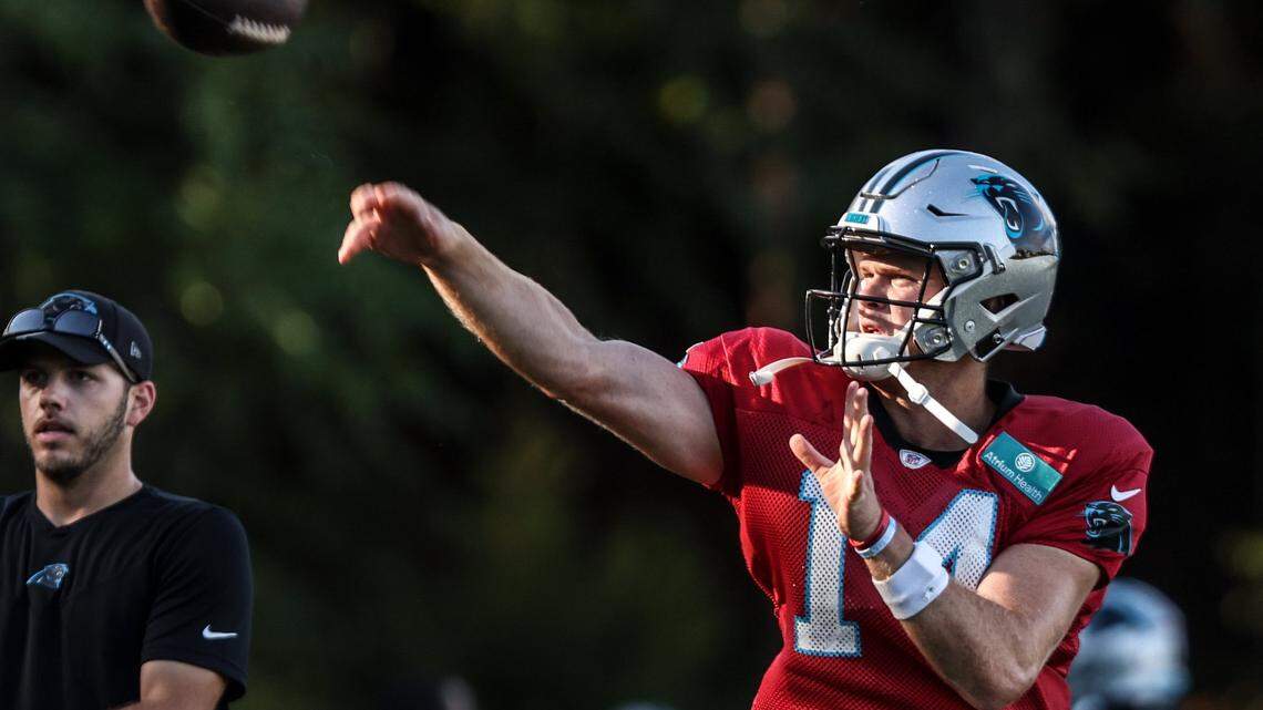 Carolina Panthers Sam Darnold throws the ball during the joint practice with the Baltimore Ravens in Spartanburg, S.C., on Wednesday, August 18, 2021.