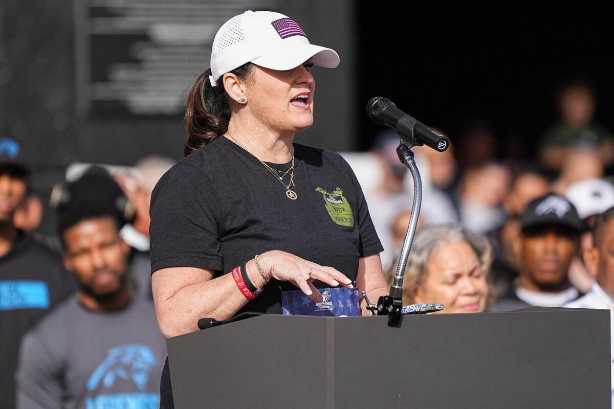 Kelly Weeks, widow of deputy U.S. Marshal Thomas Weeks Jr., speaks prior to the Tunnel to Towers Tower Climb at Bank of America Stadium, Sunday, April 27, 2025, in Charlotte.