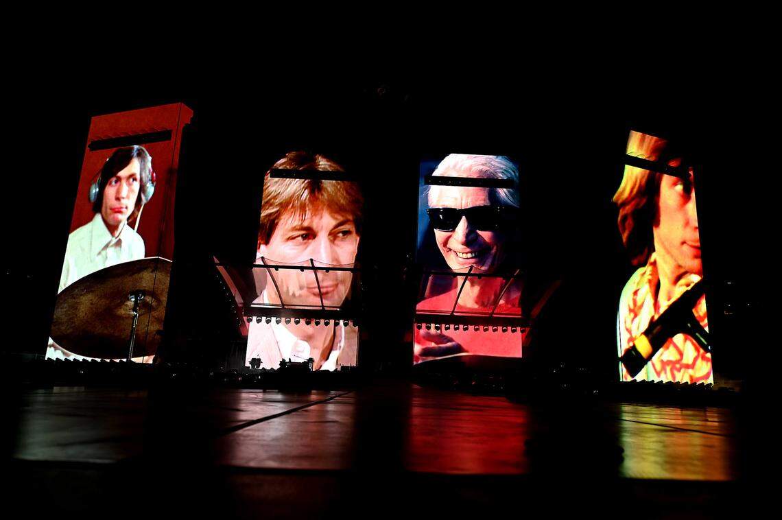 A video montage to Charlie Watts, the late drummer for the Rolling Stones is played on the stages Jumbotrons prior to the groups performance at Bank of America Stadium in Charlotte, NC on Thursday, September 30, 2021.