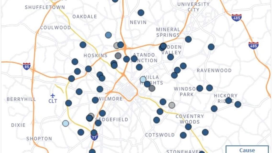 Map shows locations of homicides in Charlotte in 2021