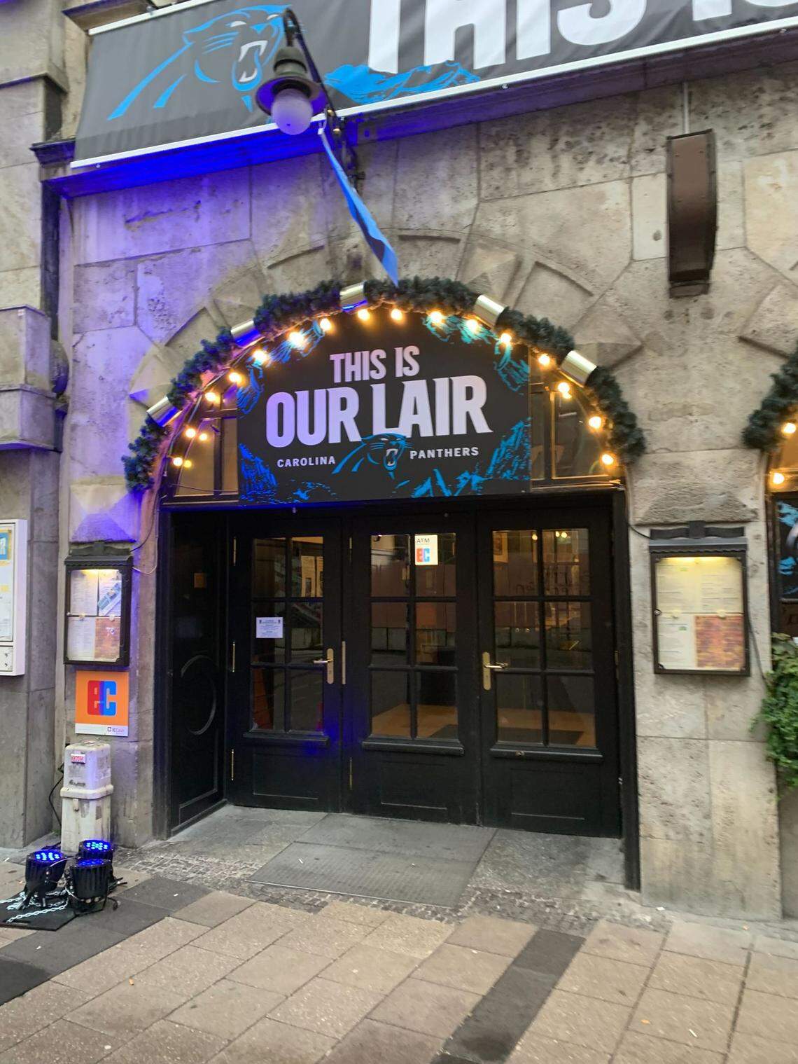 Augustiner Stammhaus, the Carolina Panthers’ designated home base for fans in Munich, Germany for the 2024 NFL International Series game, has team logos and flags all over the venue.