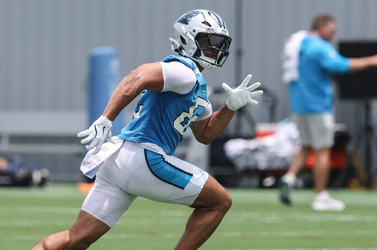 Panthers tight end Tommy Tremble practices during mandatory minicamp in Charlotte on Tuesday, June 9, 2026