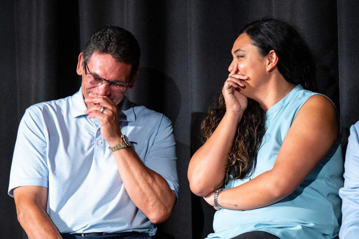 Former Charlotte Panthers head coach Ron Rivera and his daughter Courtney, former Panthers social media manager, share a laugh during the panel after the premiere of The Charlotte Observer’s movie ‘Supermen’ at the Independent Picture House in Charlotte, NC, Thursday July 24, 2025.