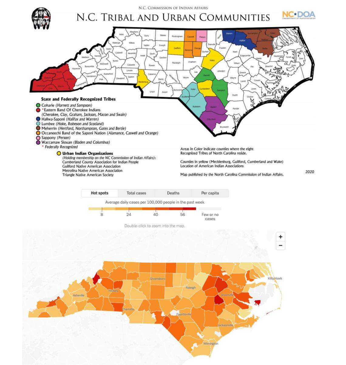 Above: A map of North Carolina's tribal and urban communities by county as of 2020. Below: A map of coronavirus hot spots in North Carolina according to the number of COVID-19 cases per 100,000 people over the last seven days.