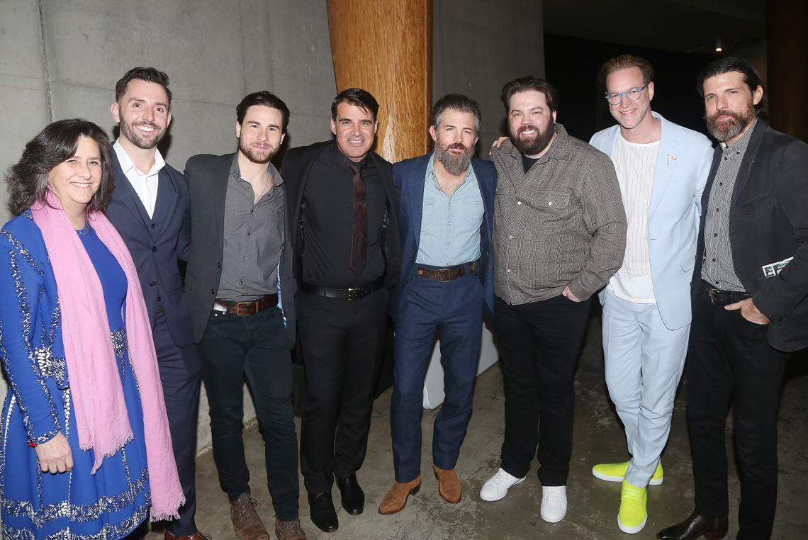 Behind the scenes on opening night of “Swept Away” in Washington. From left, producer Gigi Pritzker, associate producer for Madison Wells Evan Mayer, producer Sean Hudock, The Avett Brothers band member Bob Crawford, Scott Avett, producer Matthew Masten, producer Jamie Forshaw, Seth Avett.