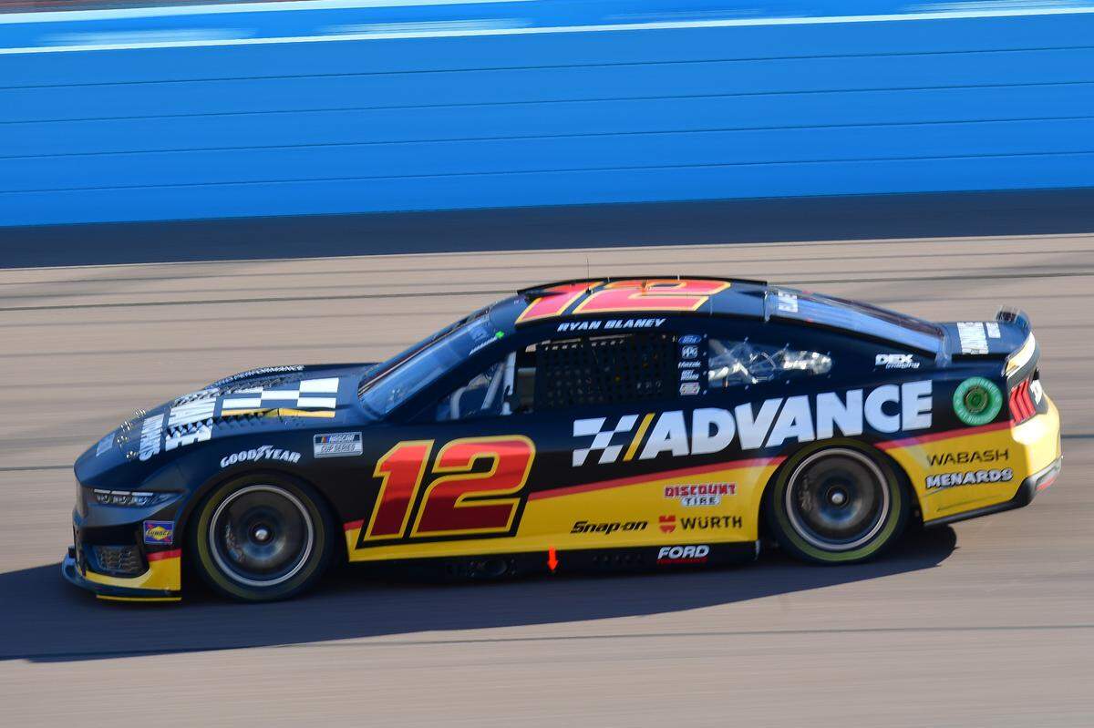 Ryan Blaney drives his No. 12 Team Penske Ford Mustang during NASCAR Cup Series practice at Phoenix Raceway.