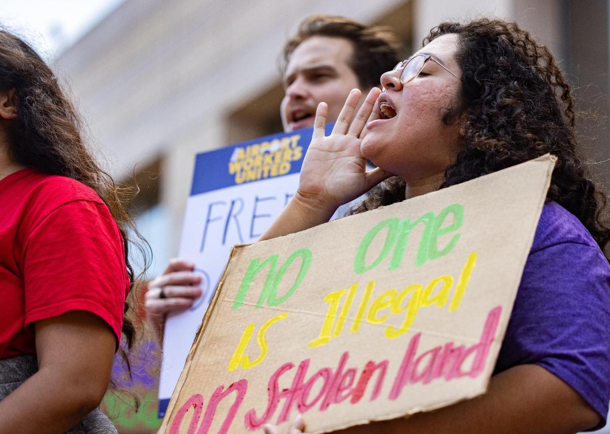 StefanÍa Arteaga, Co- Executive Director & Strategist for Carolina Migrant Network, yells a chant during the Rally to Demand End of ICE Raids, Freedom for David Huerta in Charlotte on Monday