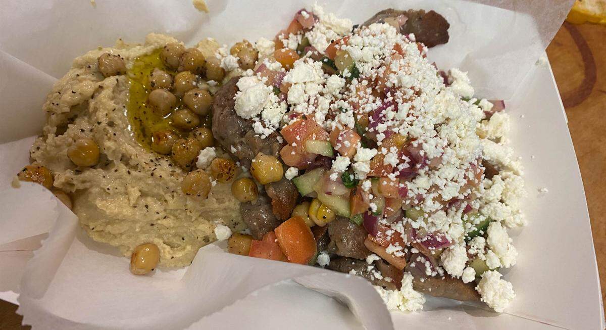 Homemade hummus and gyro bowl is a build-your-own option at Greystone Pub. This one has Greek salsa and feta cheese, along with chickpeas and hummus.