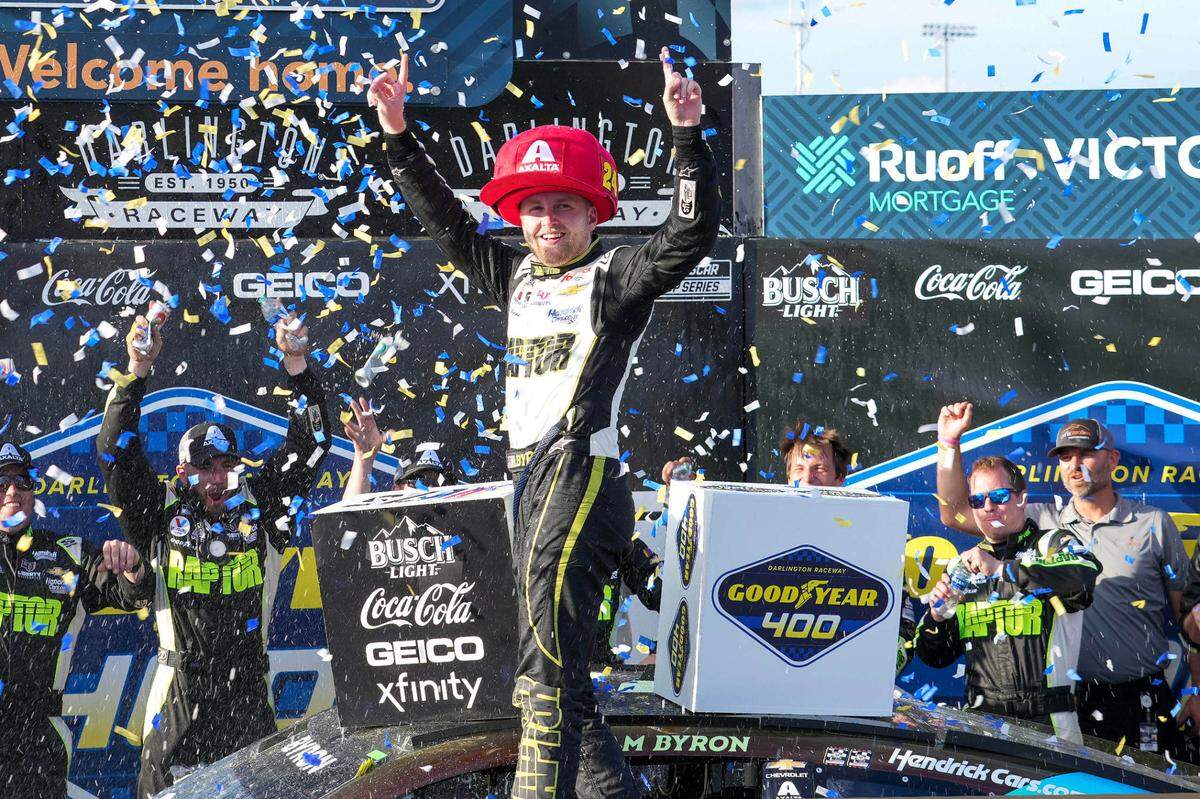 NASCAR Cup Series driver William Byron (24) celebrates in Victory Lane at Darlington Raceway. David Yeazell-USA TODAY Sports