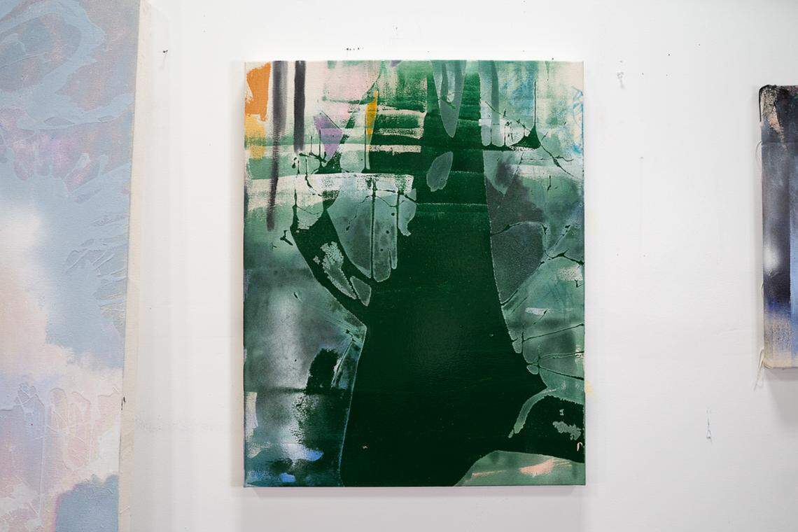 Katherine Boxall painted “Forest Flamingo” in 2019. It’s acrylic, chalk and enamel on canvas.