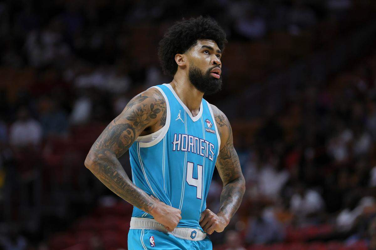 Dec 13, 2023; Miami, Florida, USA; Charlotte Hornets center Nick Richards (4) looks on against the Miami Heat during the first quarter at Kaseya Center.