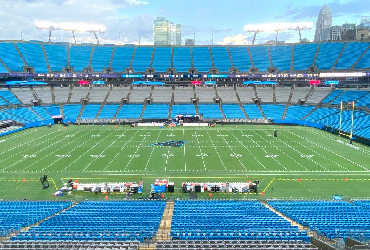Bank of America Stadium is cleared after a nearby lightning strike was detected prior to a preseason NFL football game against the Buffalo Bills on Friday, Aug. 26, 2022. The game’s start was delayed for 37 minutes.