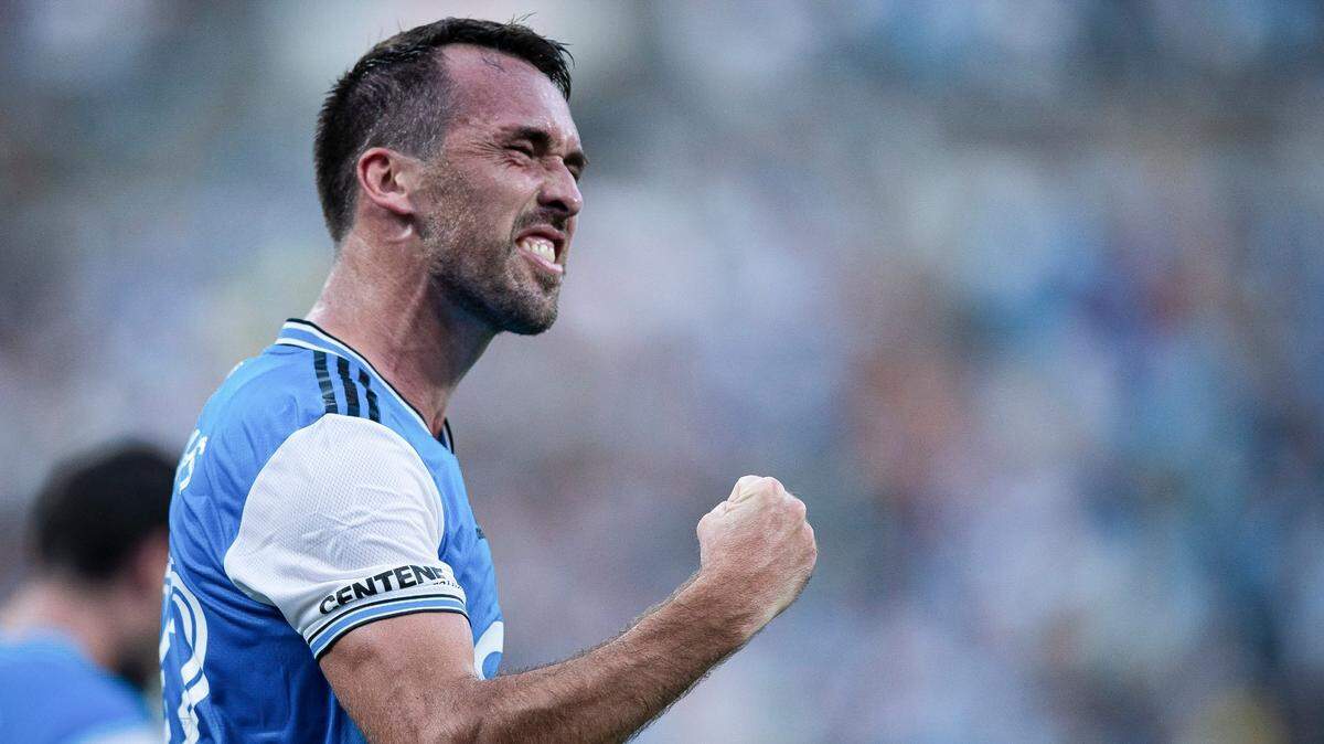 Charlotte FC defender Christian Fuchs (22) celebrates after a goal against Nashville SC at the Bank of America Stadium in uptown Charlotte, N.C. in the 2022 season. Charlotte FC won the match 4 to 1.