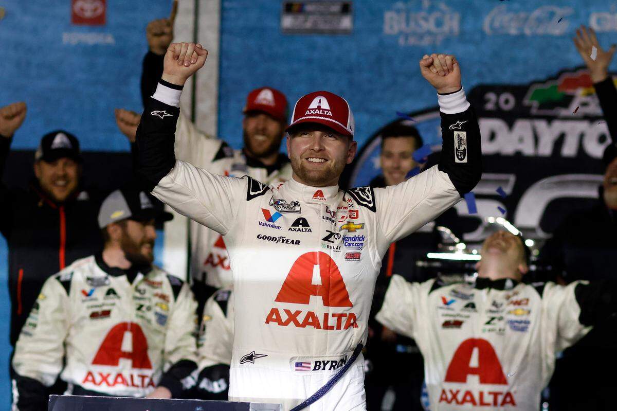 Feb 19, 2024; Daytona Beach, Florida, USA; NASCAR Cup Series driver William Byron (24) reacts in victory lane after winning the Daytona 500 at Daytona International Speedway.