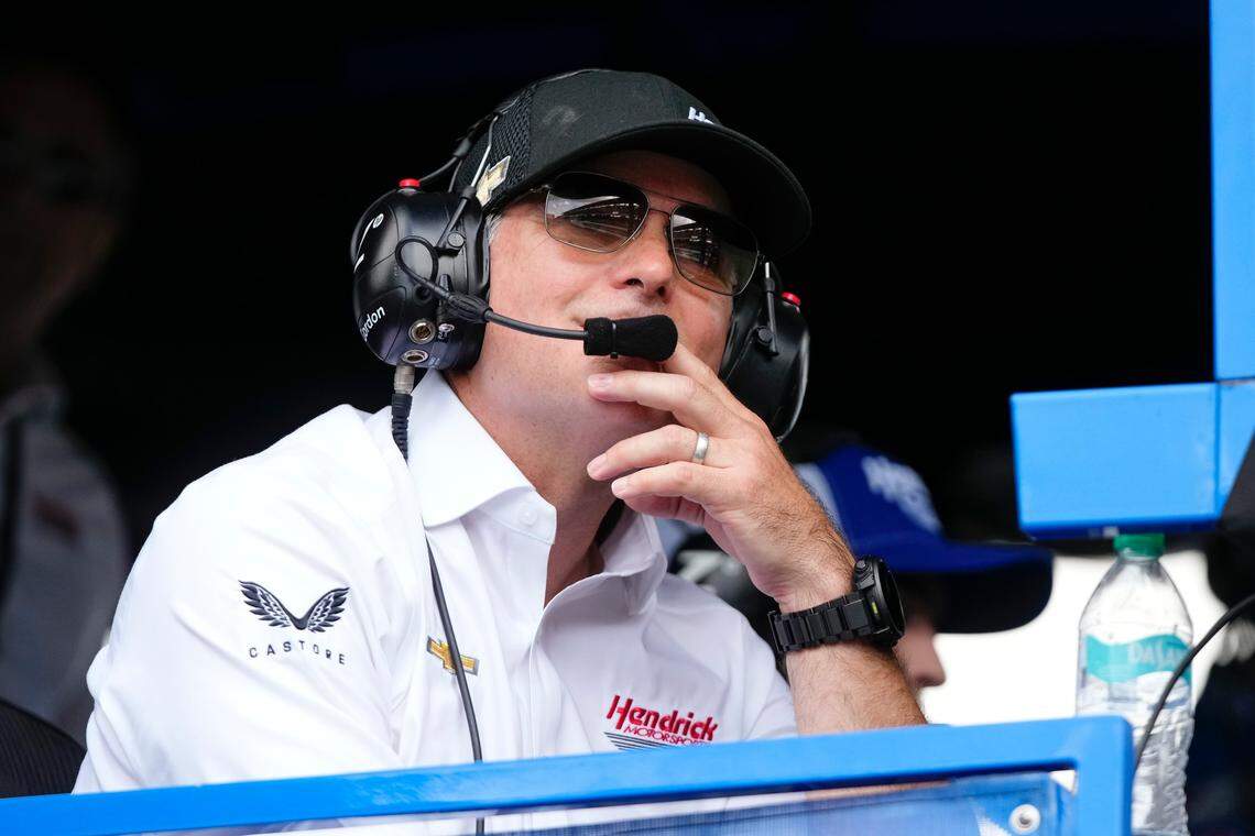 Hendrick Motorsports' Jeff Gordon watches the restart from the pit of NASCAR Cup Series driver Kyle Larson (5) Sunday, July 27, 2025, during the Brickyard 400 at Indianapolis Motor Speedway.
