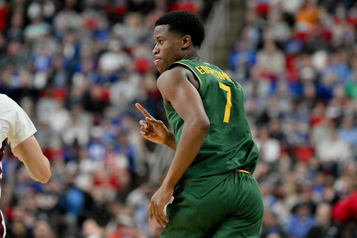 VJ Edgecombe (7) celebrates during the second half against the Mississippi State Bulldogs in the first round of the NCAA Tournament at Lenovo Center.